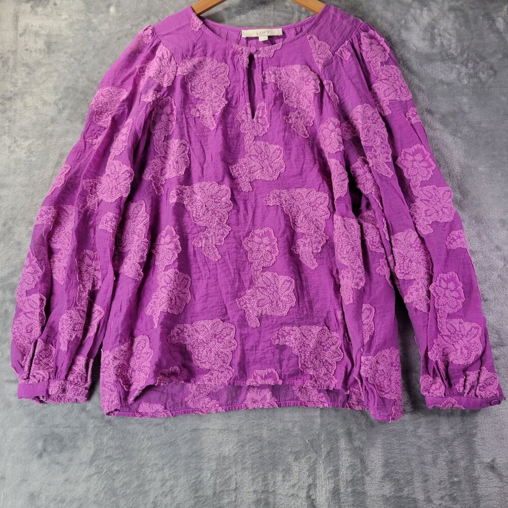 LOFT Womens‎ M Purple Floral Jacquard Blouse Long Sleeve Keyhole Boho Romantic - Picture 7 of 10